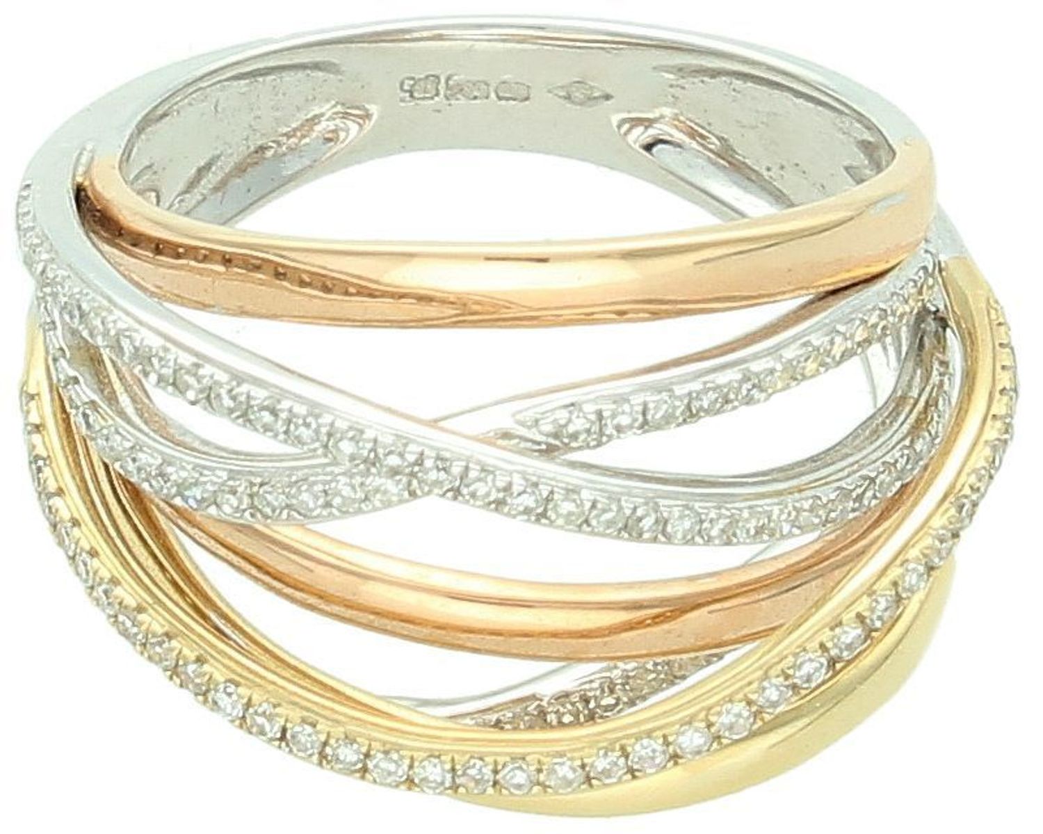 Szeroki złoty pierścionek z diamentami 585 Trzy kolory złota. Pierścionek wykonany ze złota próby 585- w większości z białego złota, z dodatkiem żółtego i różowego. 2.jpg